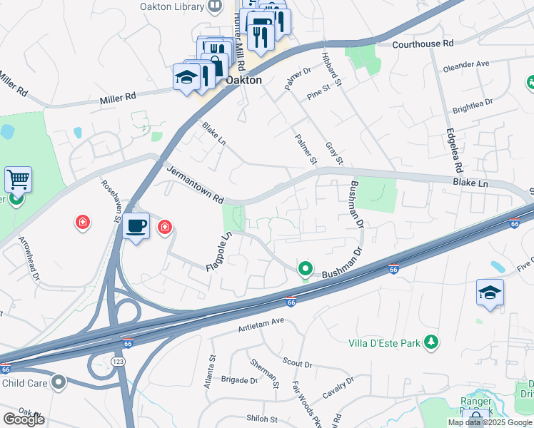 map of restaurants, bars, coffee shops, grocery stores, and more near 2817 Jermantown Road in Oakton