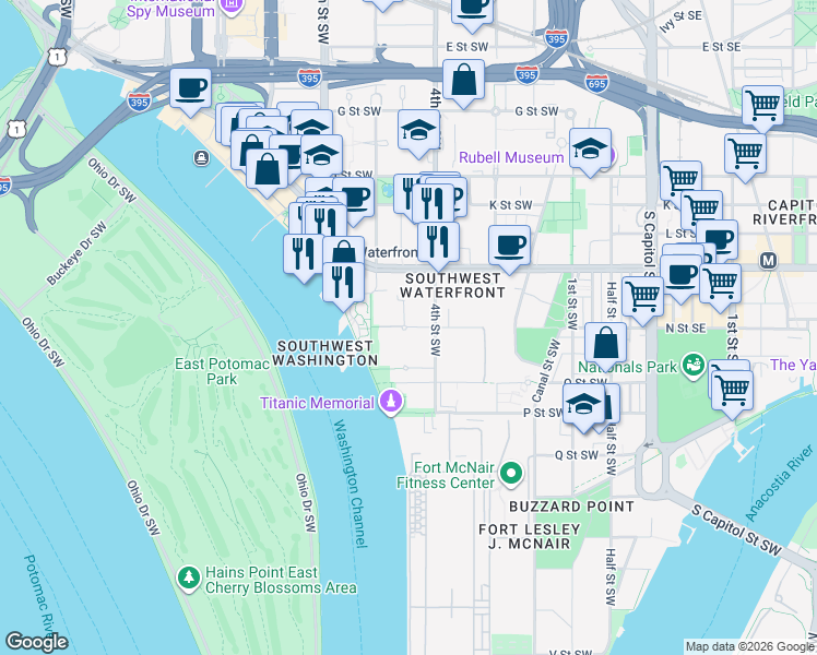 map of restaurants, bars, coffee shops, grocery stores, and more near 101 Independence Avenue Southeast in Washington