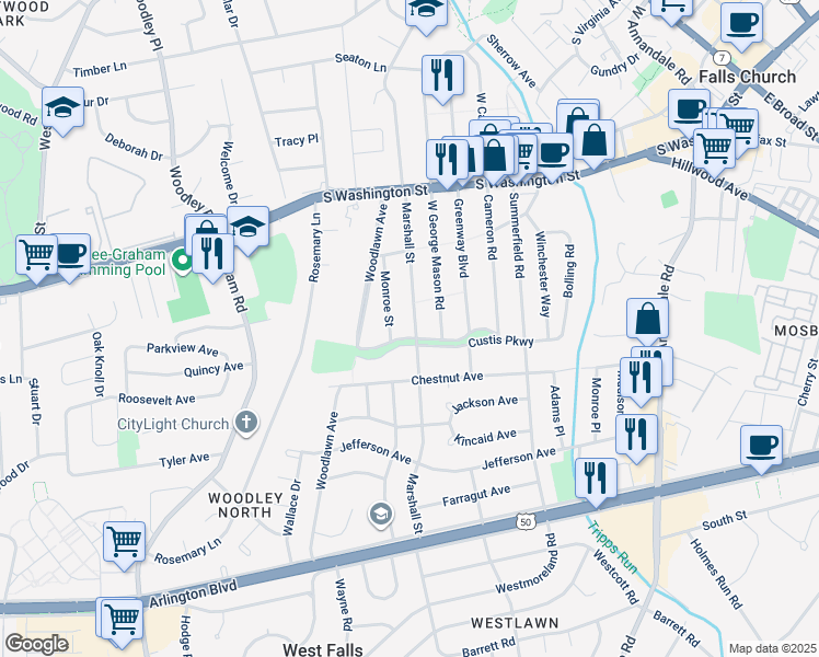 map of restaurants, bars, coffee shops, grocery stores, and more near 2846 Marshall Street in Falls Church