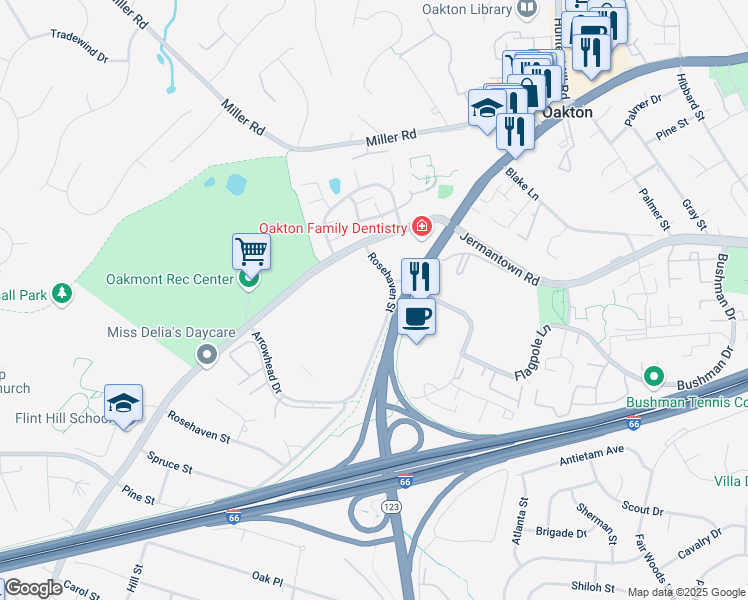 map of restaurants, bars, coffee shops, grocery stores, and more near 10520 Rosehaven Street in Fairfax