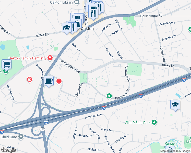 map of restaurants, bars, coffee shops, grocery stores, and more near 2817 Jermantown Road in Oakton
