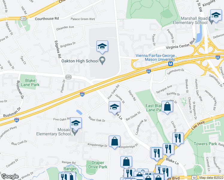 map of restaurants, bars, coffee shops, grocery stores, and more near 9710 Five Oaks Road in Fairfax