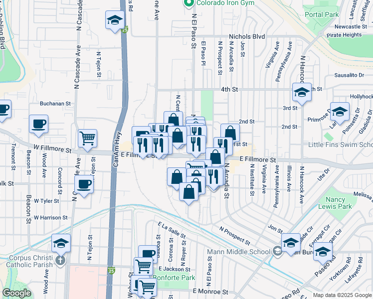 map of restaurants, bars, coffee shops, grocery stores, and more near 620 East Fillmore Street in Colorado Springs