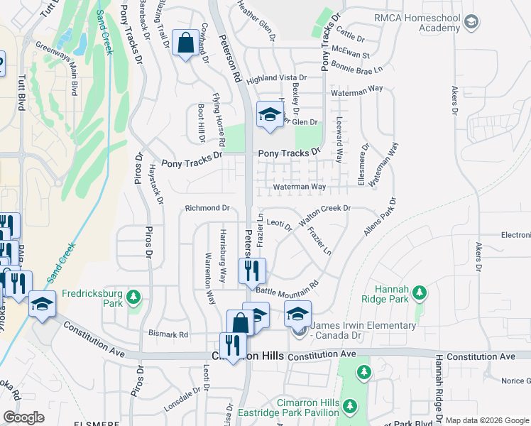 map of restaurants, bars, coffee shops, grocery stores, and more near 3235 Leoti Drive in Colorado Springs