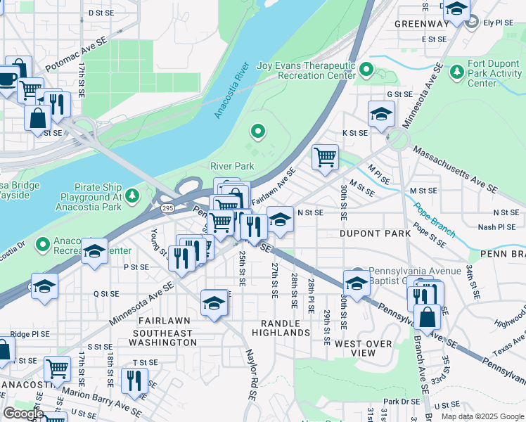 map of restaurants, bars, coffee shops, grocery stores, and more near 2516 Burns Street Southeast in Washington