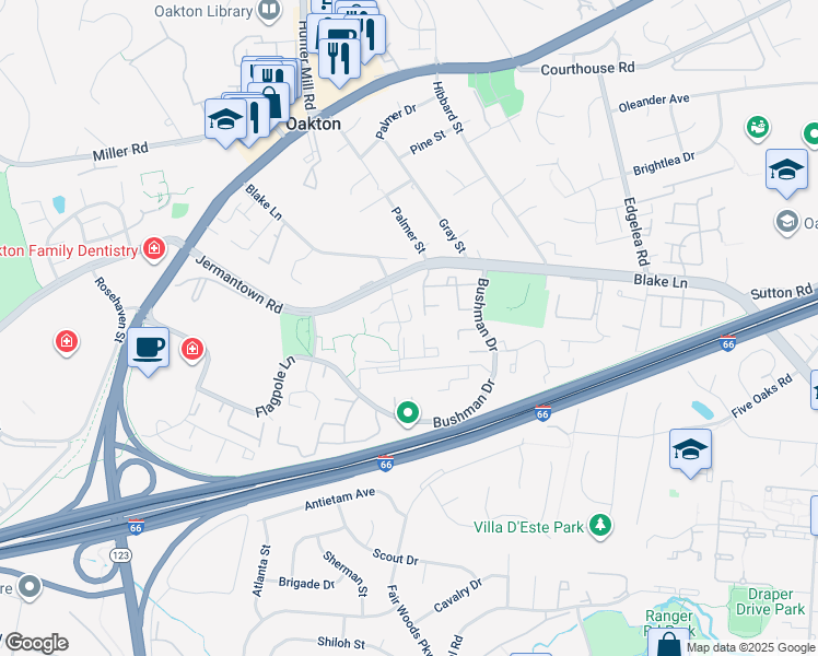 map of restaurants, bars, coffee shops, grocery stores, and more near 10203B Willow Mist Court in Oakton