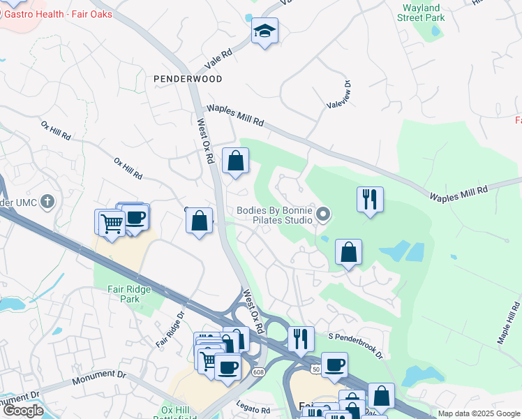 map of restaurants, bars, coffee shops, grocery stores, and more near 12100 Green Leaf Court in Fairfax