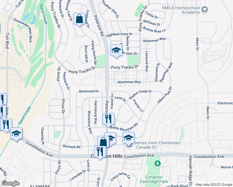 map of restaurants, bars, coffee shops, grocery stores, and more near 3235 Leoti Drive in Colorado Springs