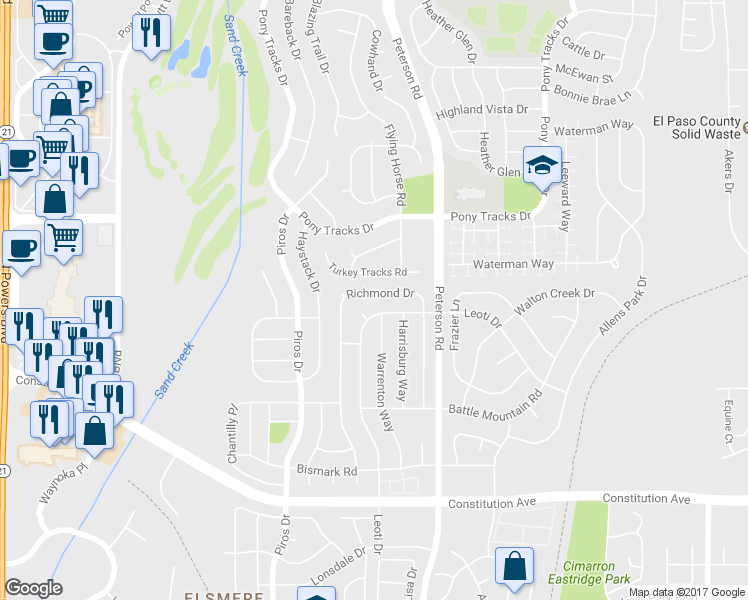 map of restaurants, bars, coffee shops, grocery stores, and more near 2975 Leoti Drive in Colorado Springs
