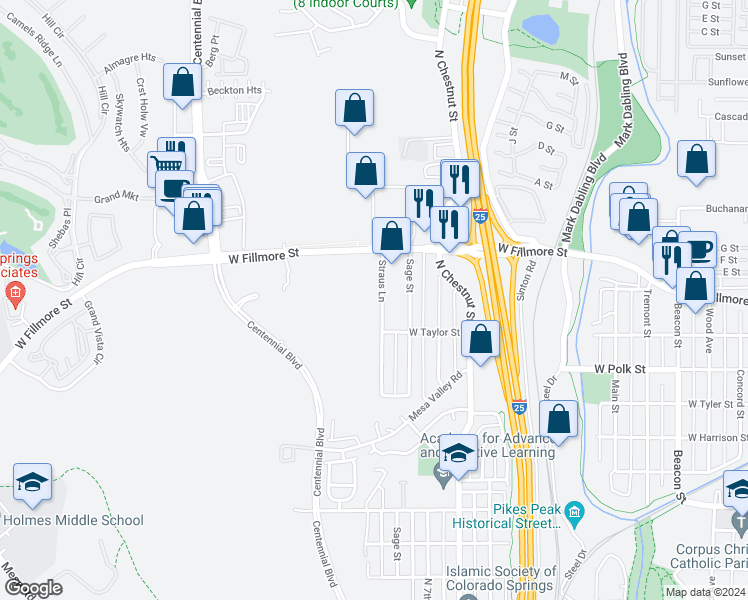 map of restaurants, bars, coffee shops, grocery stores, and more near 51 Straus Lane in Colorado Springs