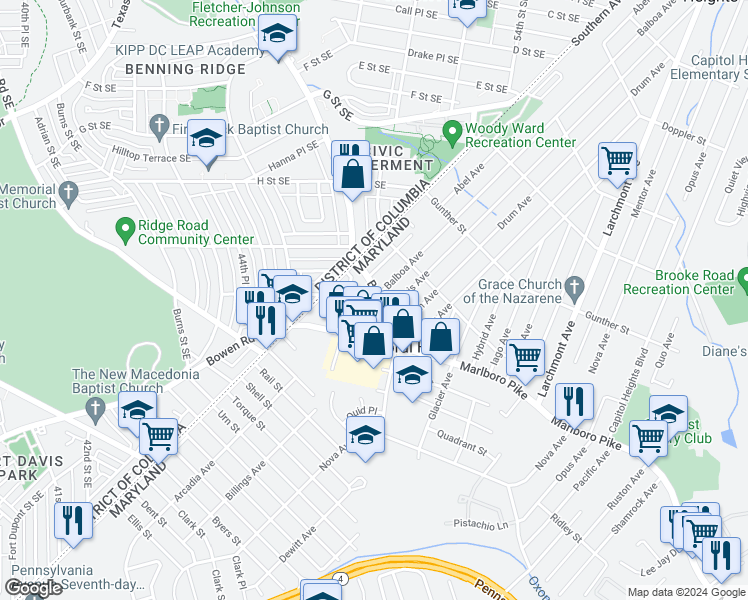 map of restaurants, bars, coffee shops, grocery stores, and more near 1211 Benning Road in Capitol Heights