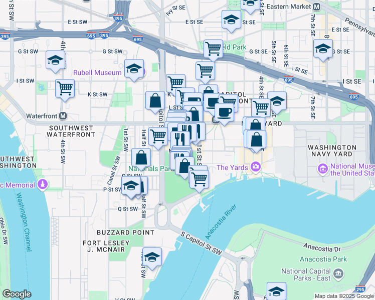 map of restaurants, bars, coffee shops, grocery stores, and more near 101 Independence Avenue Southeast in Washington