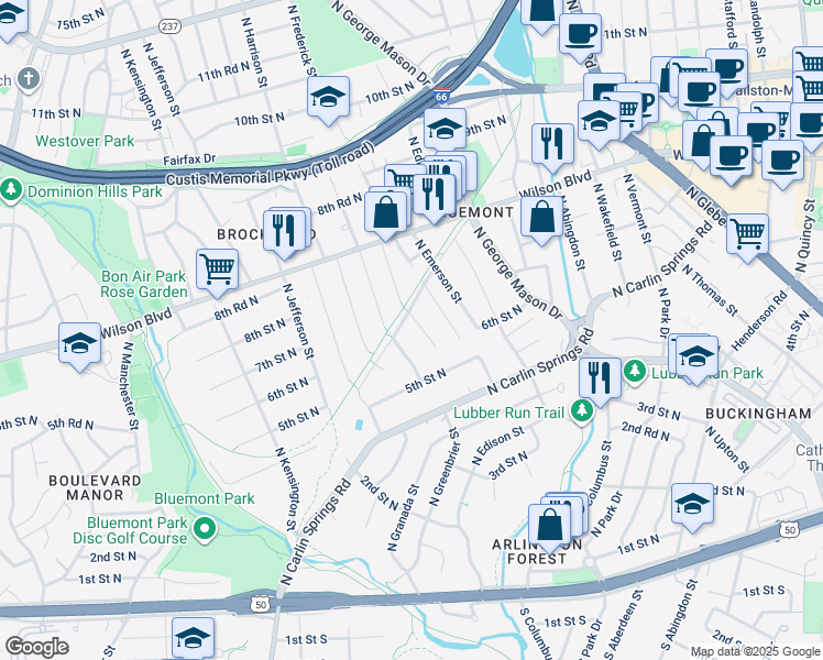 map of restaurants, bars, coffee shops, grocery stores, and more near 616 North Florida Street in Arlington