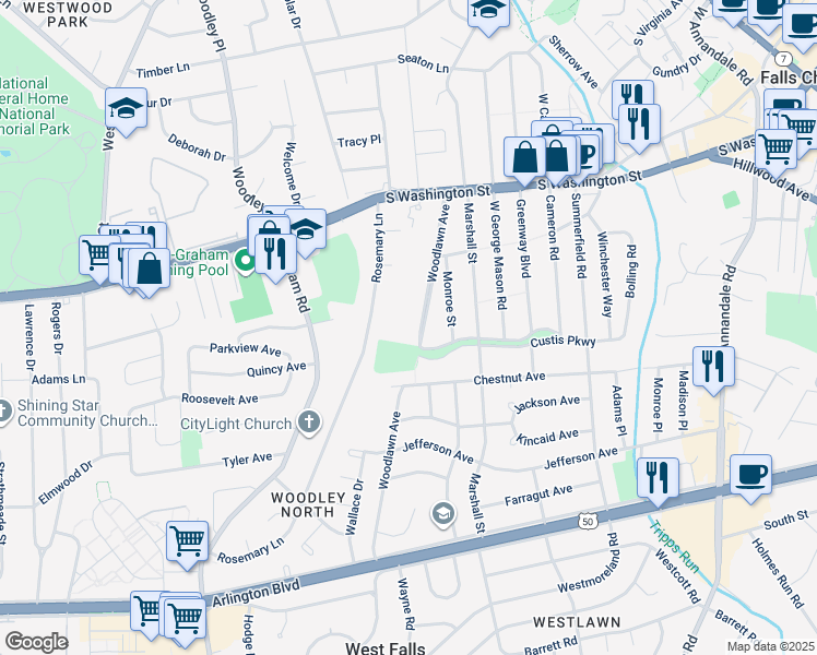 map of restaurants, bars, coffee shops, grocery stores, and more near 2846 Woodlawn Avenue in Falls Church