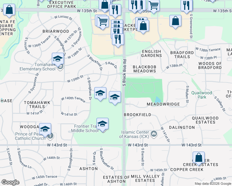 map of restaurants, bars, coffee shops, grocery stores, and more near 14030 South Black Bob Road in Olathe