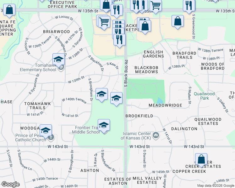 map of restaurants, bars, coffee shops, grocery stores, and more near 14030 South Black Bob Road in Olathe