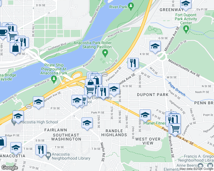 map of restaurants, bars, coffee shops, grocery stores, and more near 2516 Burns Street Southeast in Washington