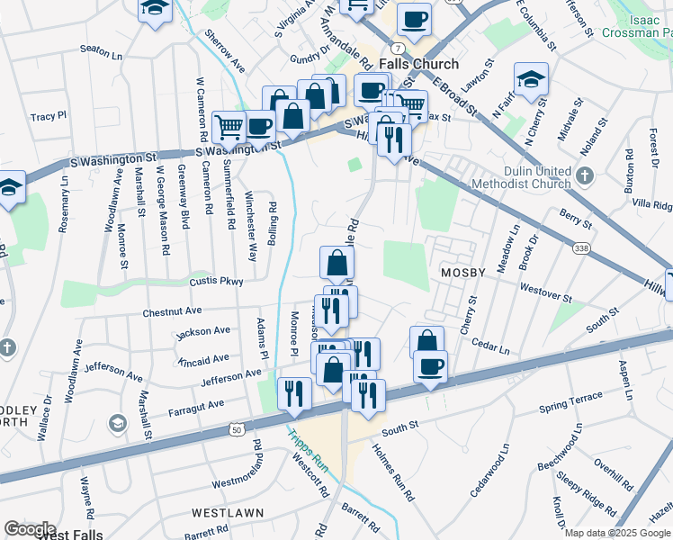 map of restaurants, bars, coffee shops, grocery stores, and more near 6702 James Lee Street in Falls Church