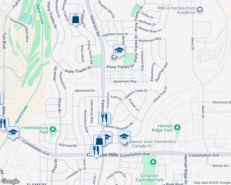 map of restaurants, bars, coffee shops, grocery stores, and more near 3235 Leoti Drive in Colorado Springs