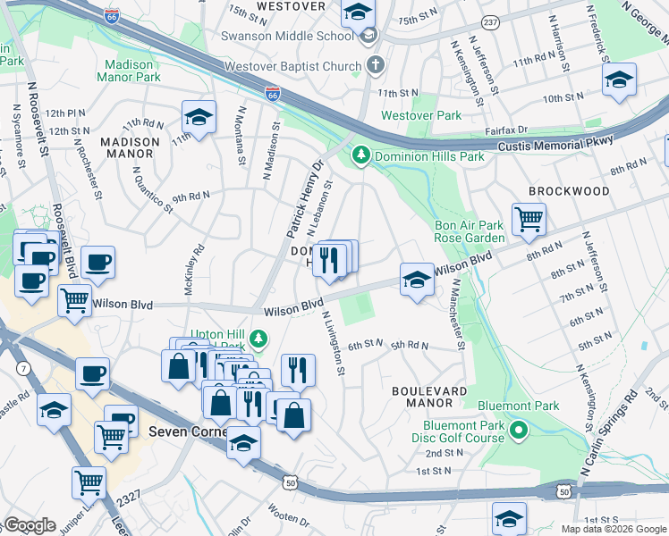 map of restaurants, bars, coffee shops, grocery stores, and more near 6031 9th Street North in Arlington