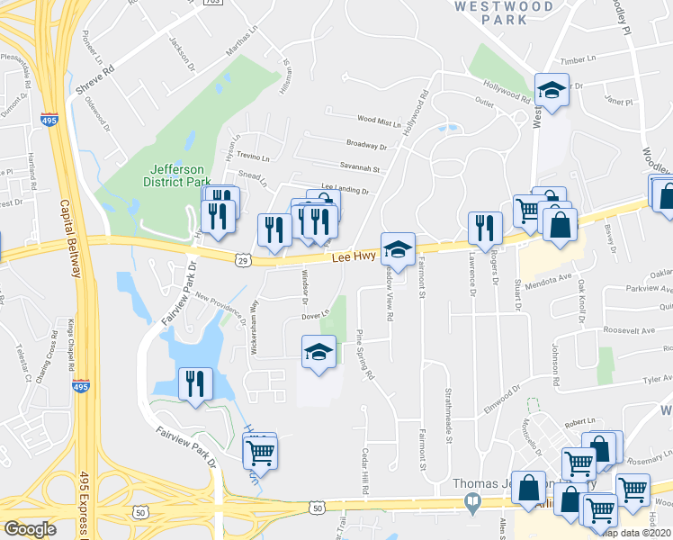 map of restaurants, bars, coffee shops, grocery stores, and more near 2840 Dover Lane in Falls Church