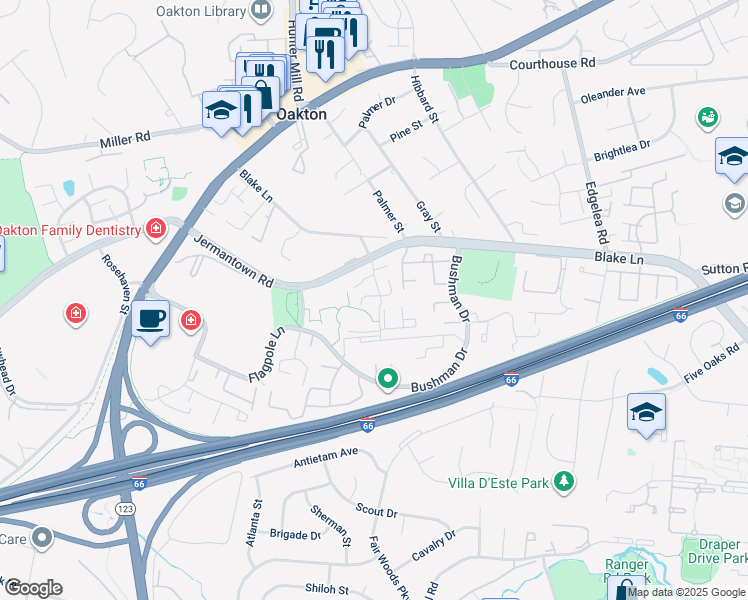 map of restaurants, bars, coffee shops, grocery stores, and more near 10207 Willow Mist Court in Oakton