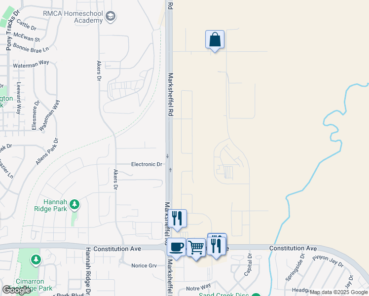 map of restaurants, bars, coffee shops, grocery stores, and more near 3034 Loot Drive in Colorado Springs