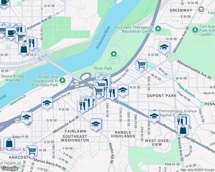 map of restaurants, bars, coffee shops, grocery stores, and more near 2333 Fairlawn Avenue Southeast in Washington