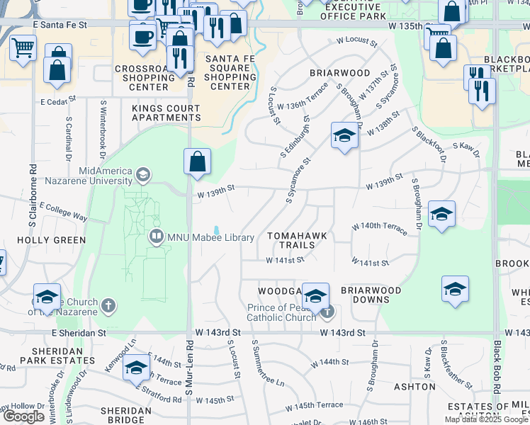 map of restaurants, bars, coffee shops, grocery stores, and more near 13909 South Summertree Lane in Olathe