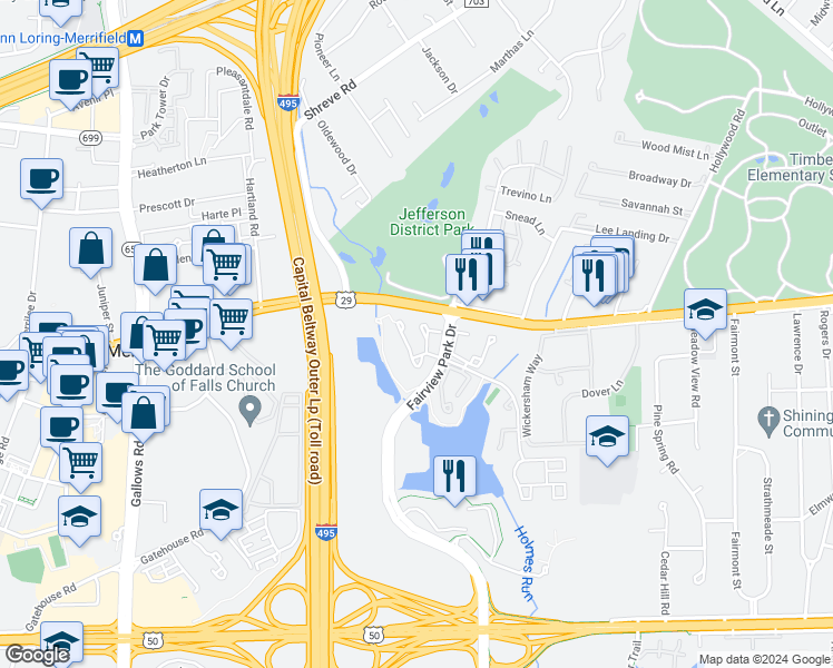 map of restaurants, bars, coffee shops, grocery stores, and more near 2878 Yarn Court in Falls Church