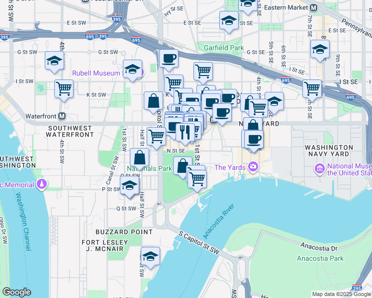 map of restaurants, bars, coffee shops, grocery stores, and more near 101 Independence Avenue Southeast in Washington