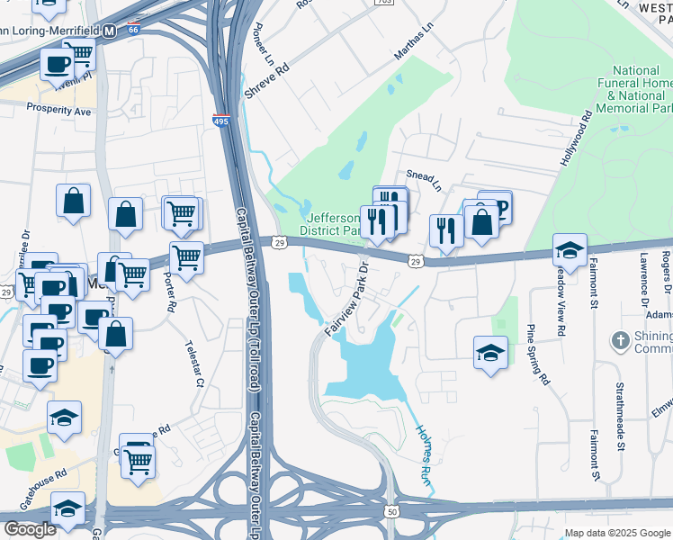 map of restaurants, bars, coffee shops, grocery stores, and more near 2878 Yarn Court in Falls Church