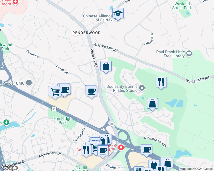 map of restaurants, bars, coffee shops, grocery stores, and more near 12101 Greenwood Court in Fairfax