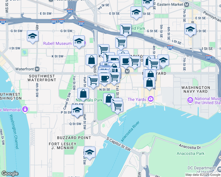 map of restaurants, bars, coffee shops, grocery stores, and more near 70 N Street Southeast in Washington