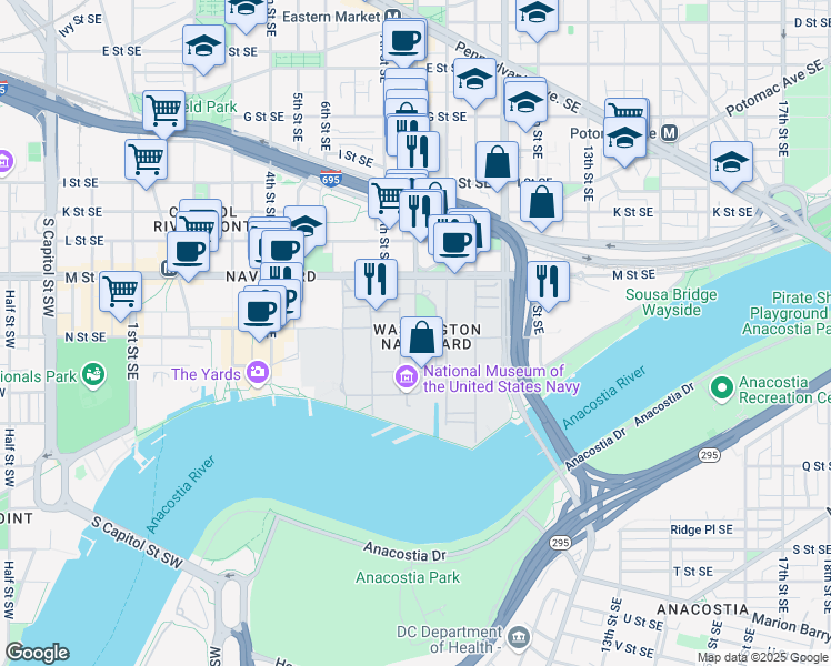 map of restaurants, bars, coffee shops, grocery stores, and more near Dahlgren Avenue Southeast in Washington