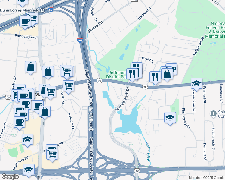 map of restaurants, bars, coffee shops, grocery stores, and more near 7959 Yancey Drive in Falls Church