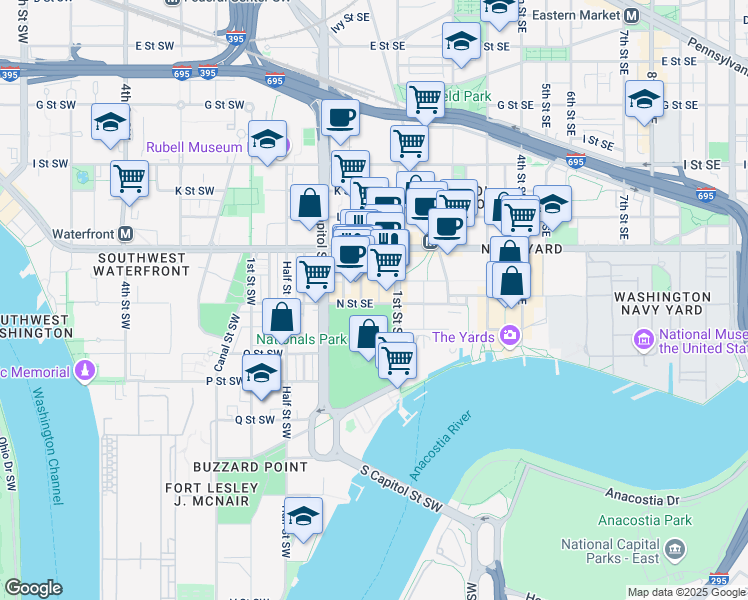 map of restaurants, bars, coffee shops, grocery stores, and more near 70 N Street Southeast in Washington