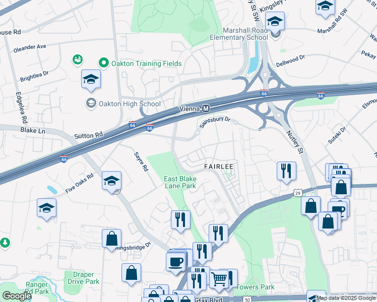 map of restaurants, bars, coffee shops, grocery stores, and more near 9500 Sprague Avenue in Fairfax