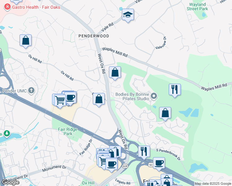 map of restaurants, bars, coffee shops, grocery stores, and more near 12101 Greenwood Court in Fairfax