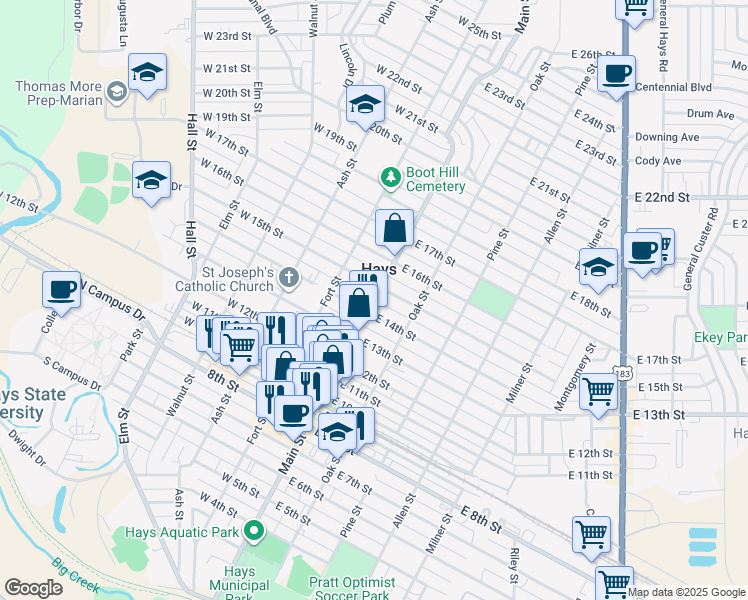 map of restaurants, bars, coffee shops, grocery stores, and more near 1450 Main Street in Hays