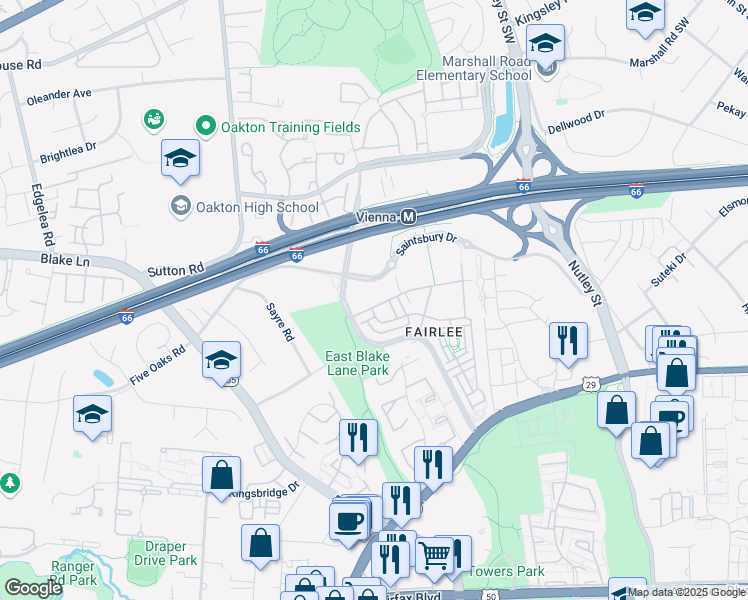 map of restaurants, bars, coffee shops, grocery stores, and more near 9500 Sprague Avenue in Fairfax