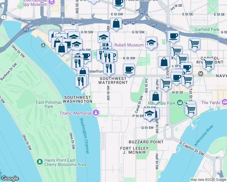 map of restaurants, bars, coffee shops, grocery stores, and more near 101 Independence Avenue Southeast in Washington