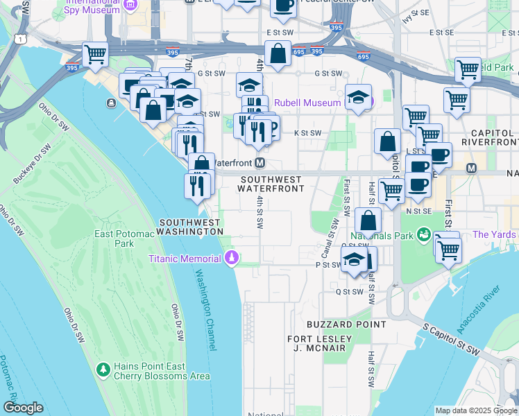 map of restaurants, bars, coffee shops, grocery stores, and more near 409 N Street Southwest in Washington