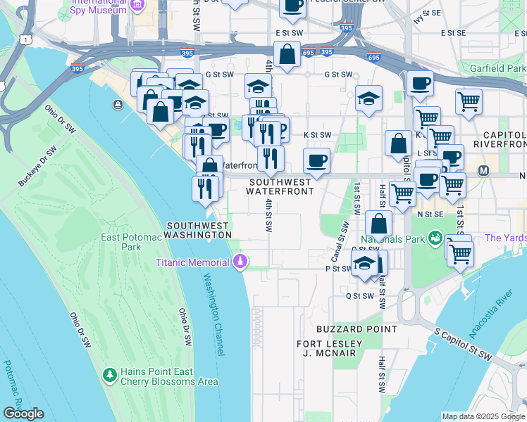 map of restaurants, bars, coffee shops, grocery stores, and more near 455 N Street Southwest in Washington