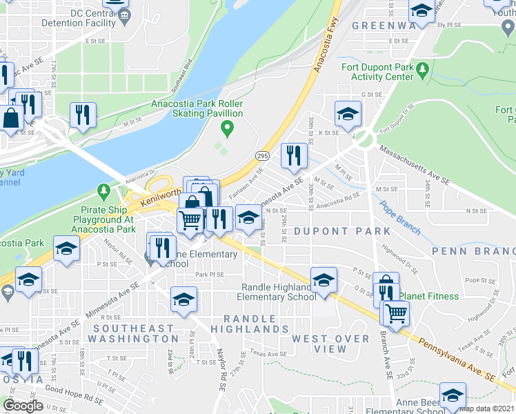 map of restaurants, bars, coffee shops, grocery stores, and more near Minnesota Ave SE & N St SE in Washington