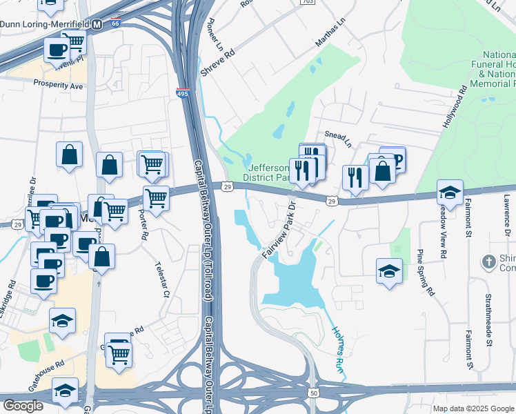 map of restaurants, bars, coffee shops, grocery stores, and more near 7959 Yancey Drive in Falls Church