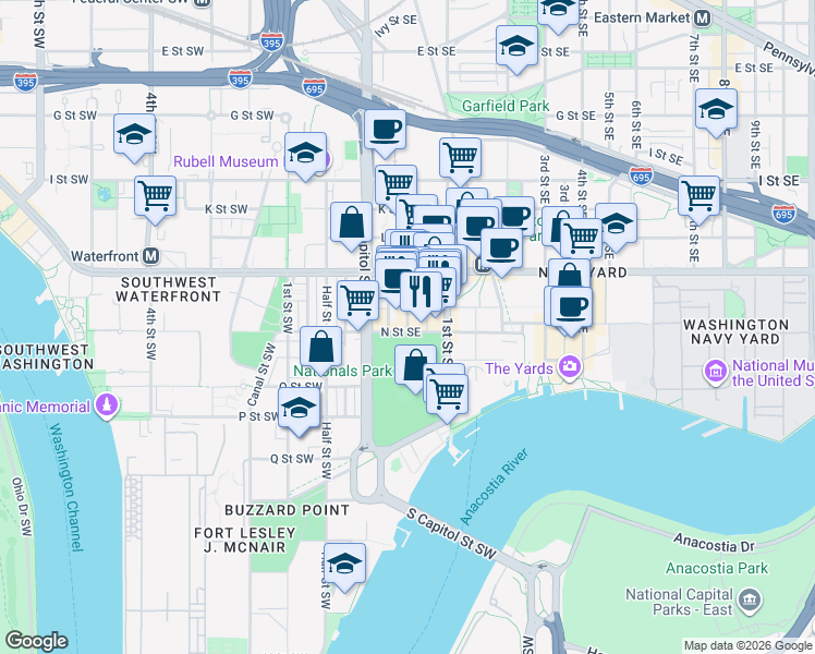 map of restaurants, bars, coffee shops, grocery stores, and more near Half Street Southeast in Washington