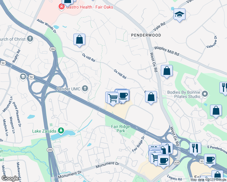 map of restaurants, bars, coffee shops, grocery stores, and more near 12378 Azure Lane in Fairfax