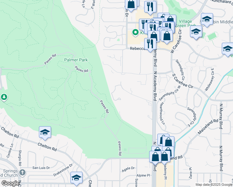 map of restaurants, bars, coffee shops, grocery stores, and more near 3490 Hartsock Lane in Colorado Springs