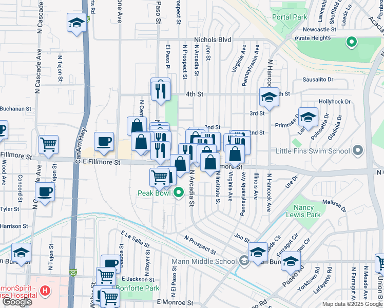 map of restaurants, bars, coffee shops, grocery stores, and more near 901 Carlisle Street in Colorado Springs